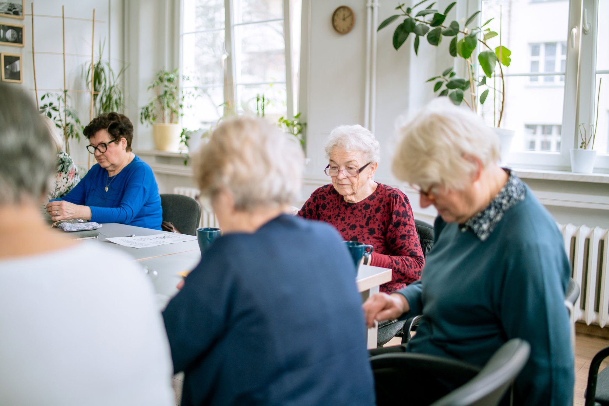 zdjęcie: Paweł Rychter Kolorowa fotografia przedstawia grupę seniorów i seniorek siedzących przy długich stołach w jasnym pomieszczeniu. Trwają warsztaty.