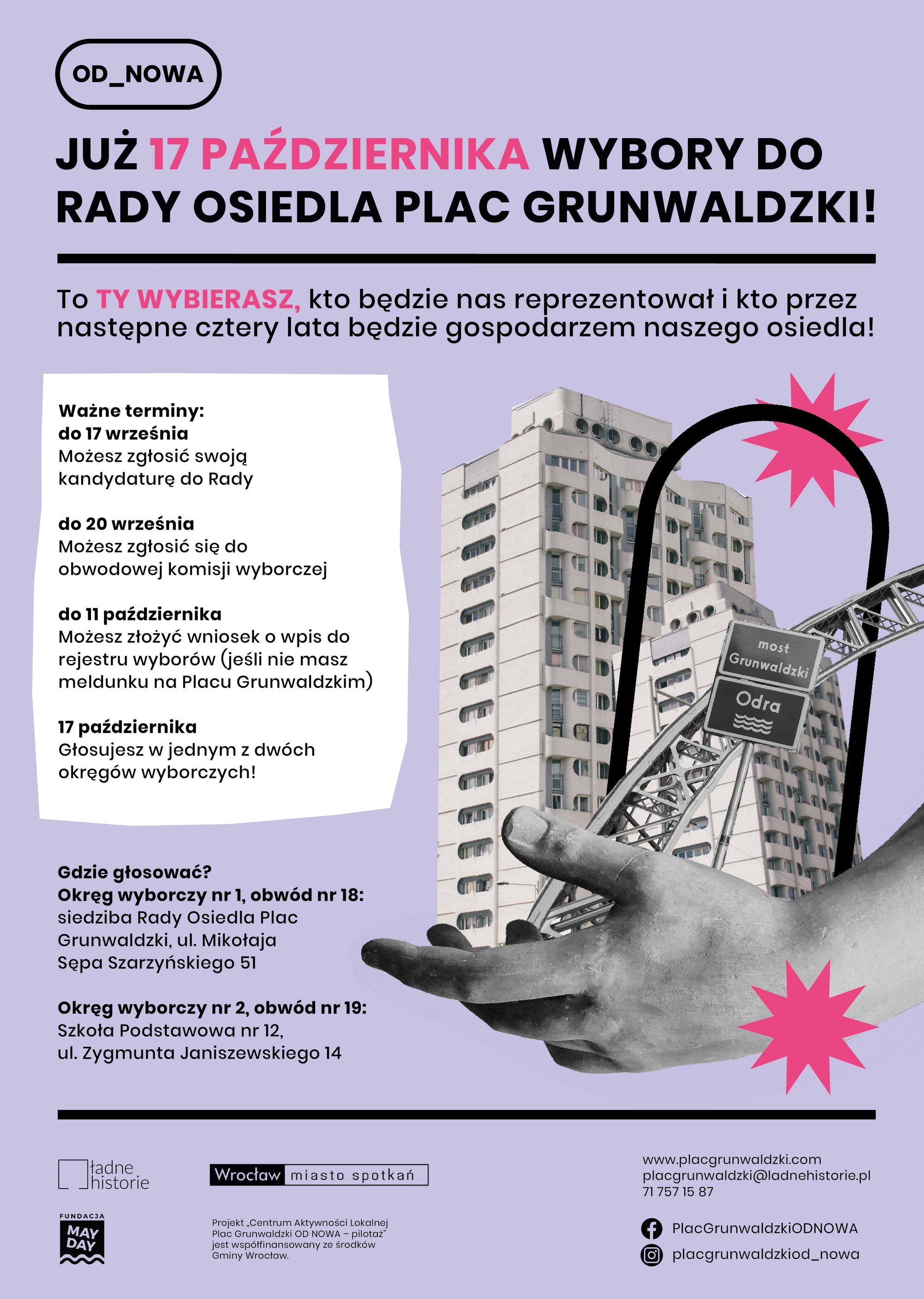 Pionowa, prostokątna grafika: na liliowym tle widać kolaż czarno-białych zdjęć bloków mieszkalnych, mostu oraz znaku informacyjnego stojącego przed Mostem Grunwaldzkim nad Odrą. W tle widać różowe gwiazdki oraz tekst informacyjny na temat wyborów do rady osiedla Plac Grunwaldzki.