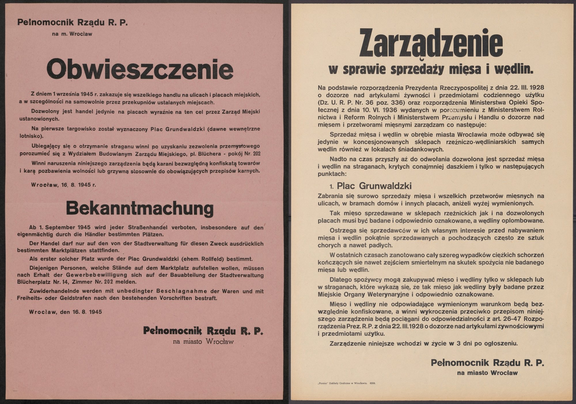 Archiwalne obwieszczenia dotyczące handlu na Placu Grunwaldzkim.