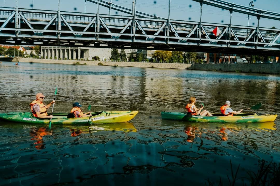 fot. Ewa Jezierska Cztery osoby płyną po Odrze dwoma kajakami. Przepływają właśnie pod Mostem Grunwaldzkim we Wrocławiu.