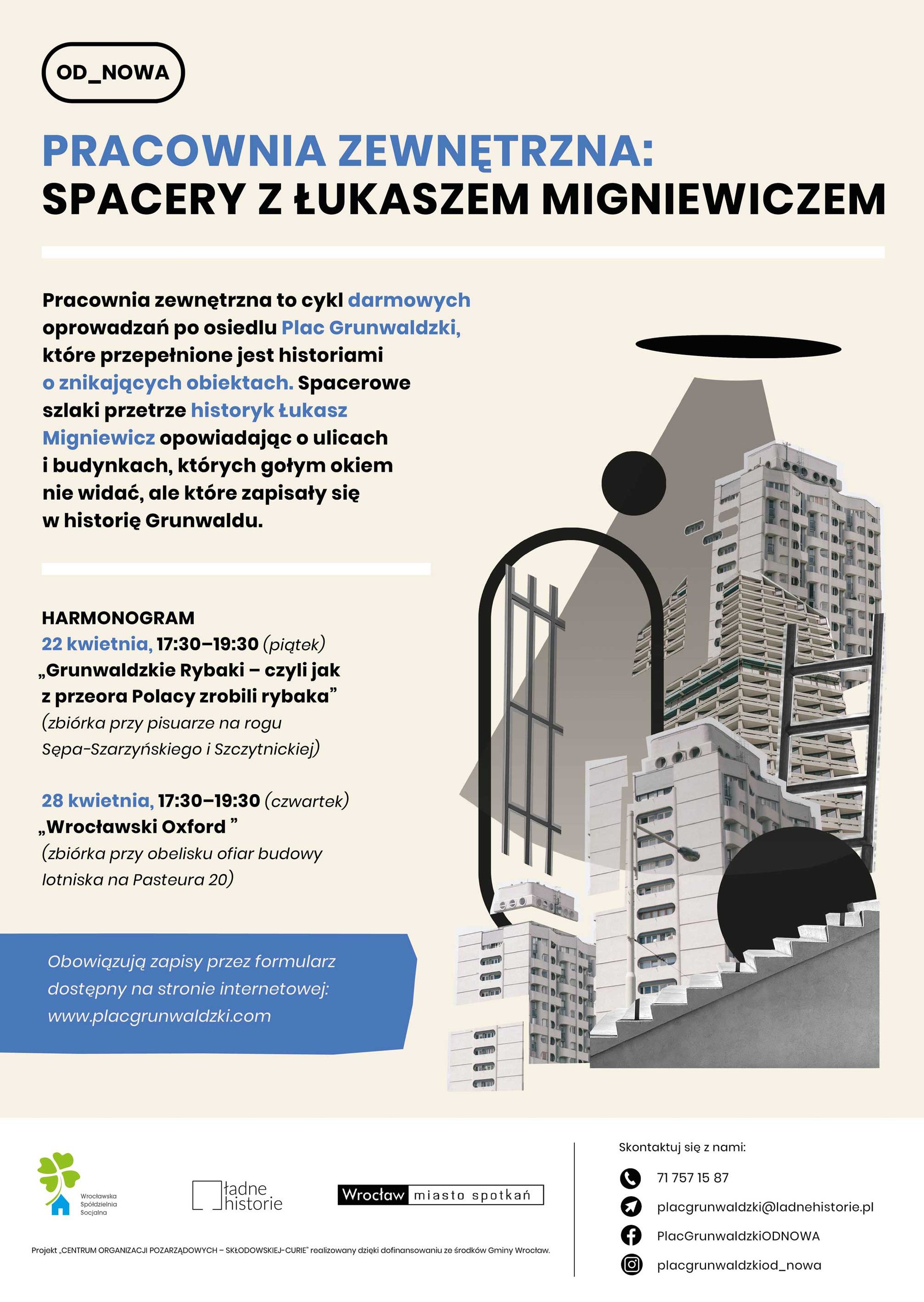 Plakat informujący o spacerach. Po lewej stronie informacje, po prawej stronie kolaż, składający się z elementów Sedesowców oraz akademika Kredka.