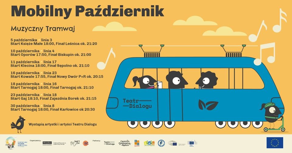grafika: materiały organizatora Kolorowa grafika przedstawia niebieski tramwaj na żółtym tle. U góry napis: mobilny październik. Poniżej: Muzyczny tramwaj i rozpisany harmonogram występów. U dołu grafiki belka z logotypami.