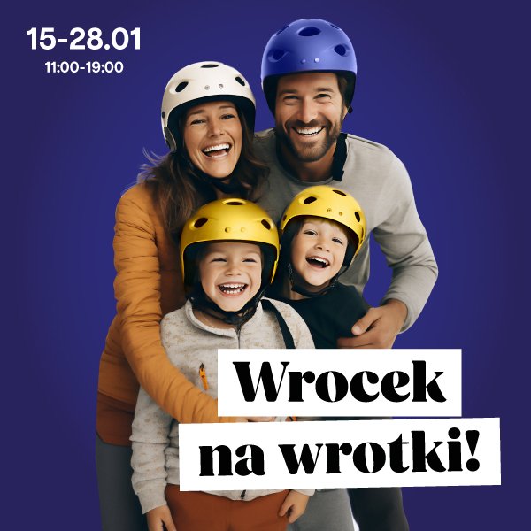 materiały organizatora Kolorowa, kwadratowa grafika. Na granatowym tle zdjęcie roześmianej rodziny: dwójki dorosłych i dwójki dzieci. Wszystcy mają na głowach kaski. U dołu grafiki czarny napis na białym tle: Wrocek na wrotki! W górnym prawym rogu data i godzina funkcjonowania wrotkarni: 15-28.01, 11:00-19:00.