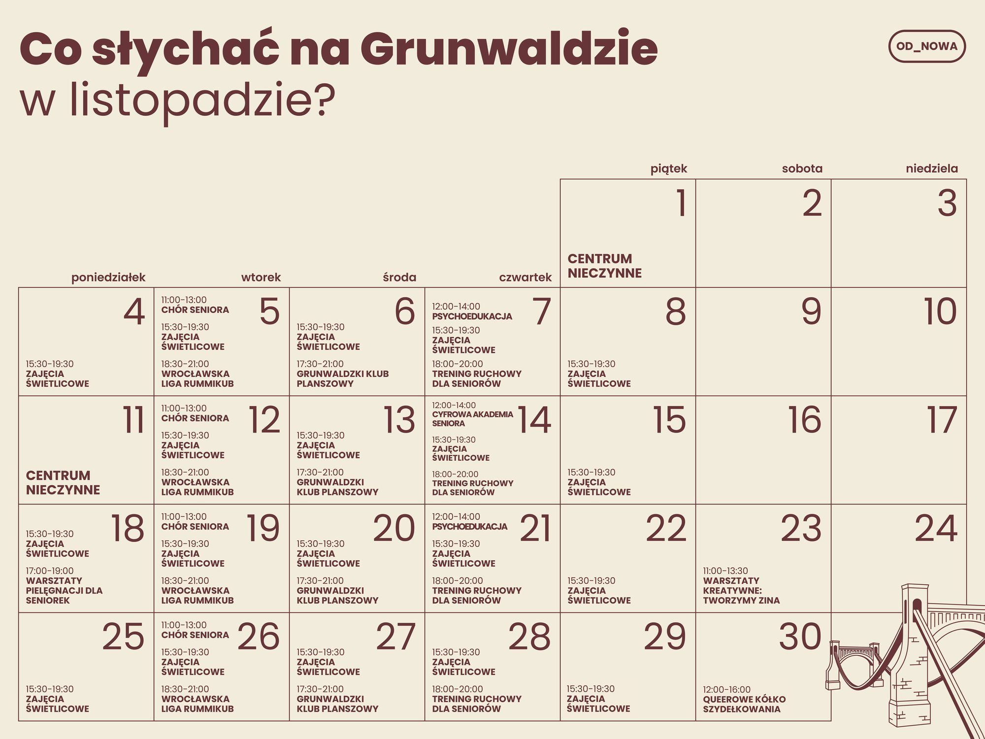 Grafika: Aleksandra Abramik Kolorowa grafika: na beżowym tle brązowy napis: co słychać na Grunwaldzie w listopadzie? Poniżej kalendarz z rozpisanymi wydarzeniami.